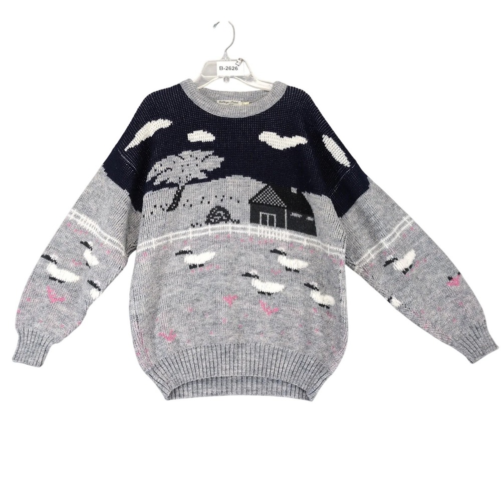 Vintage 90s College Point Sheep Farm Scene Novelty Sweater Size M USA Country